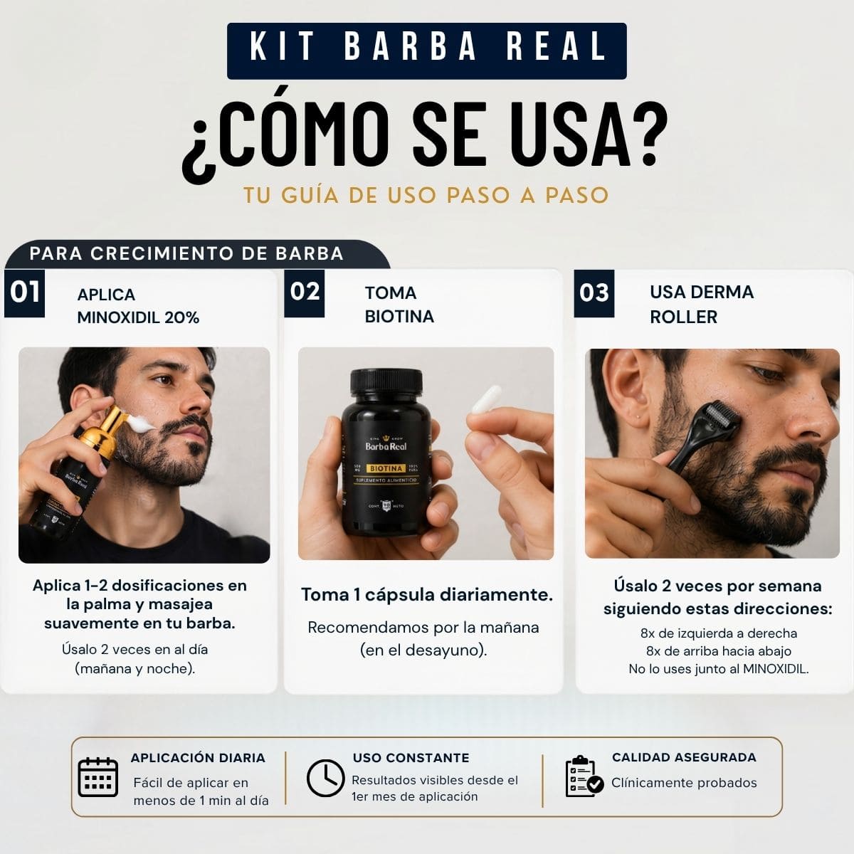 Kit Barba Real | 2 Minoxidil al 20% +Biotina + Derma | El kit más Completo para crecimiento de Barba - BarbaReal