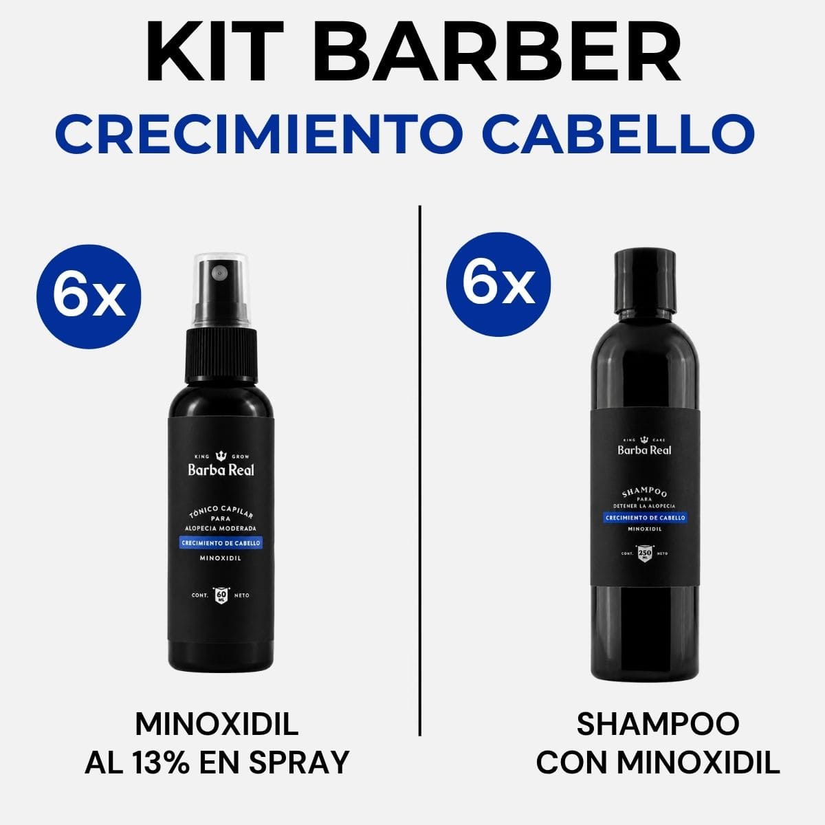 Kit barber Crecimiento Cabello | 6 Minoxidil al 13 % en spray + 6 shampoos con Minoxidil - BarbaReal