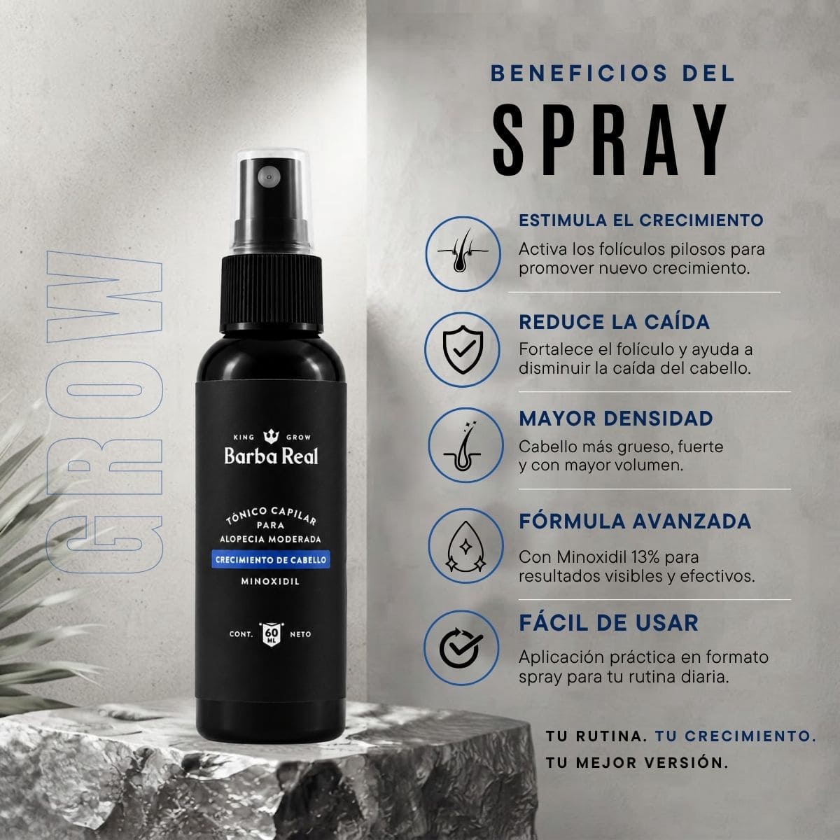 Minoxidil al 13% | Spray para Crecimiento de Cabello. Reduce la Alopecia. - BarbaReal