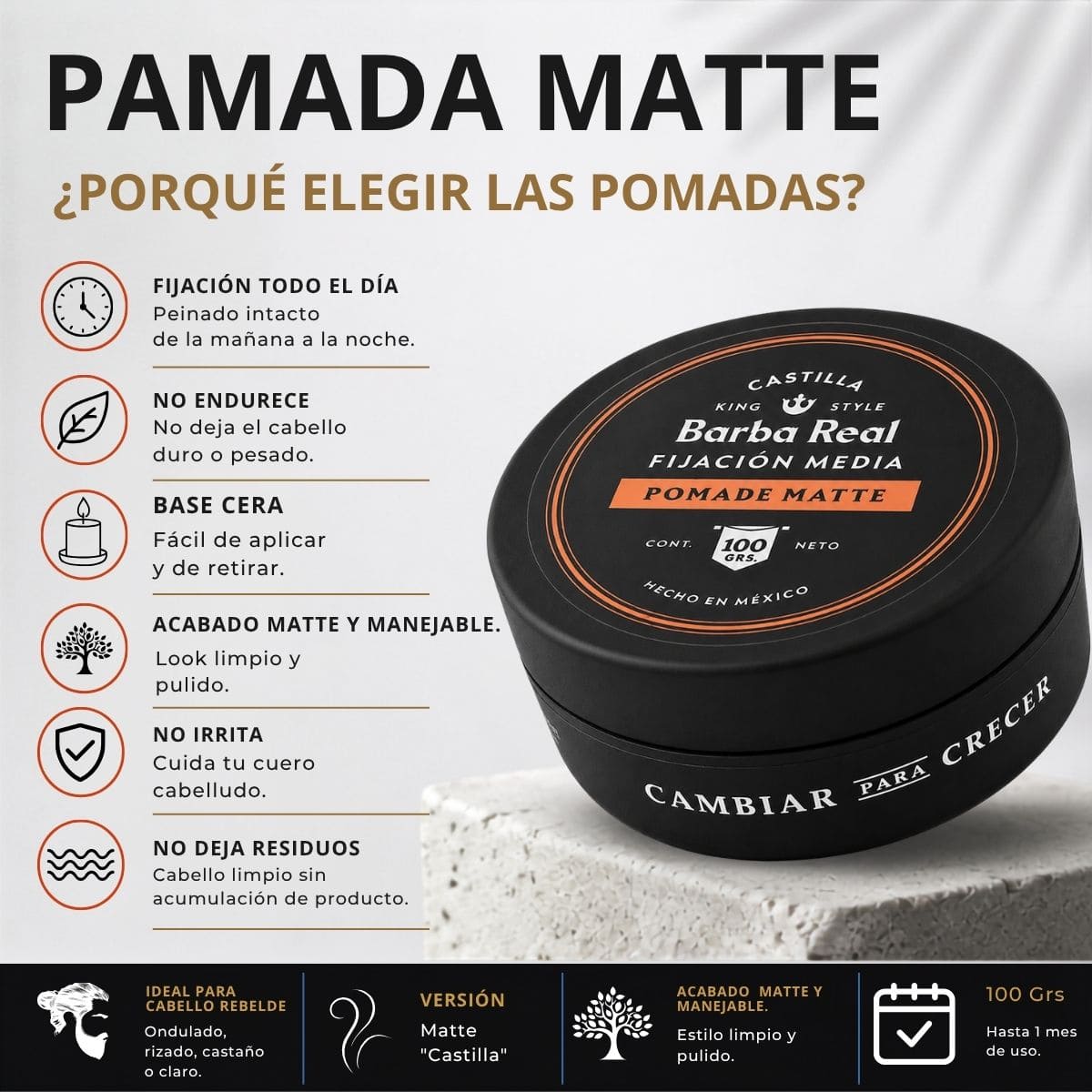 Pomada para estilizar cabello 100 G. Fijación media | Matte "Castilla" - BarbaReal