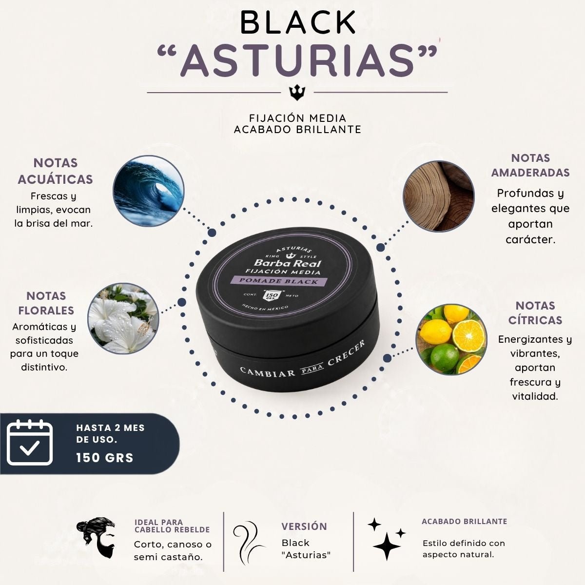 Pomada para estilizar cabello Black | fijación media "Asturias" Con pigmento 150 grs. - BarbaReal