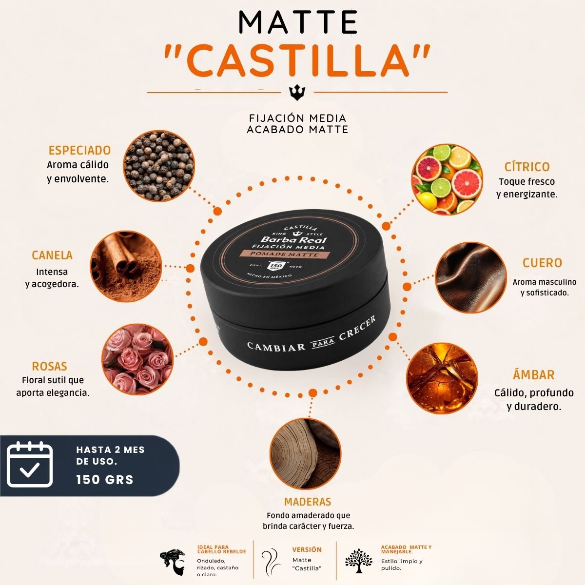 Pomada para estilizar cabello Fijación media | Matte "Castilla" 150 grs. - BarbaReal