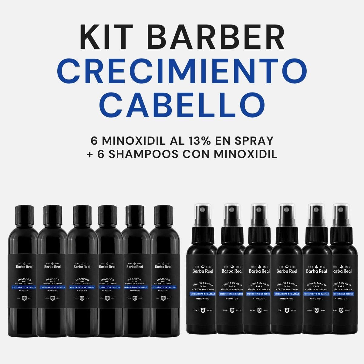 Kit barber Crecimiento Cabello | 6 Minoxidil al 13 % en spray + 6 shampoos con Minoxidil - BarbaReal