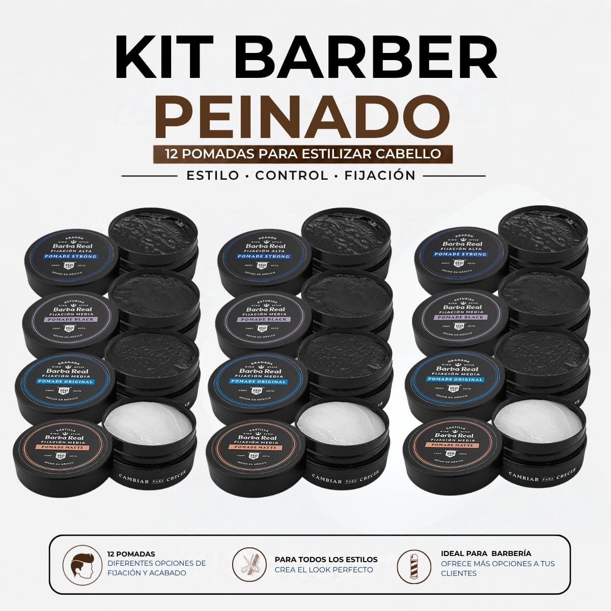 Kit Barber peinado | 12 pomadas para estilizar Cabello - BarbaReal