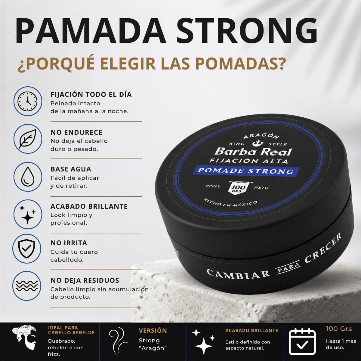 Pomada para estilizar cabello 100 G. fijación Alta | Strong "Aragón" - BarbaReal