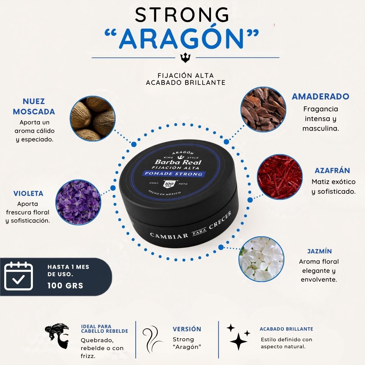 Pomada para estilizar cabello 100 G. fijación Alta | Strong "Aragón" - BarbaReal