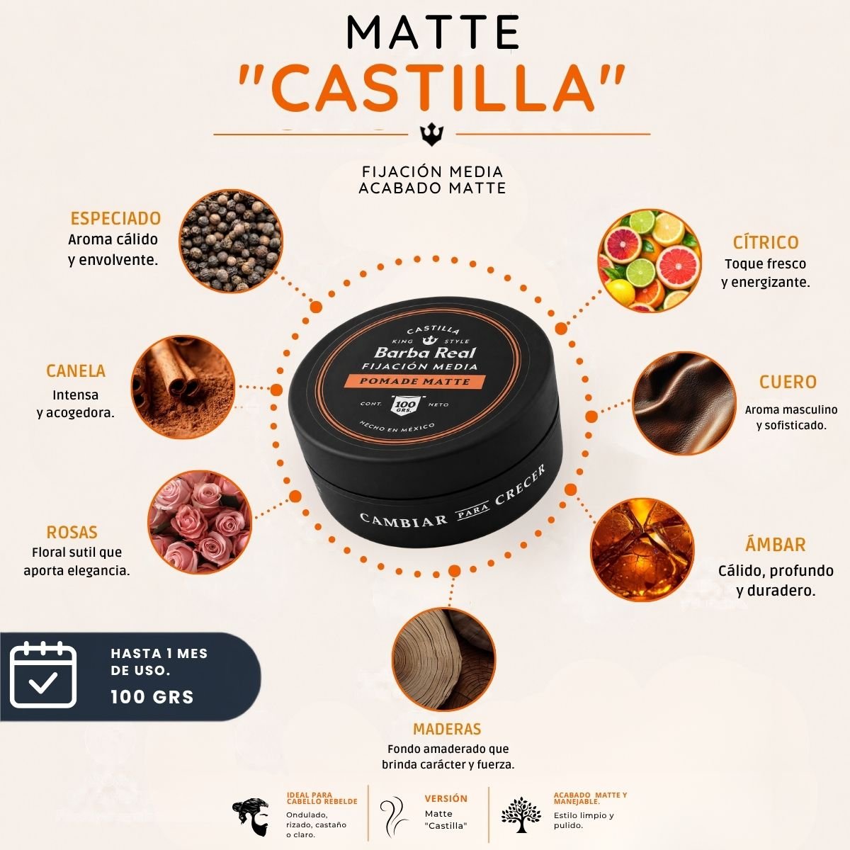 Pomada para estilizar cabello 100 G. Fijación media | Matte "Castilla" - BarbaReal