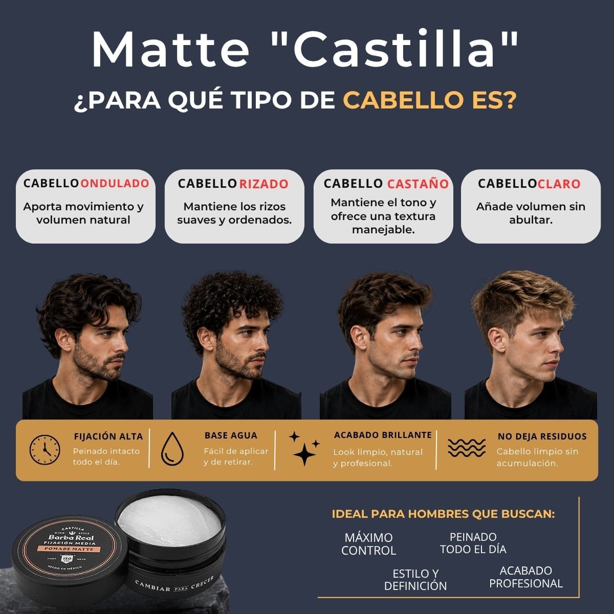 Pomada para estilizar cabello 100 G. Fijación media | Matte "Castilla" - BarbaReal