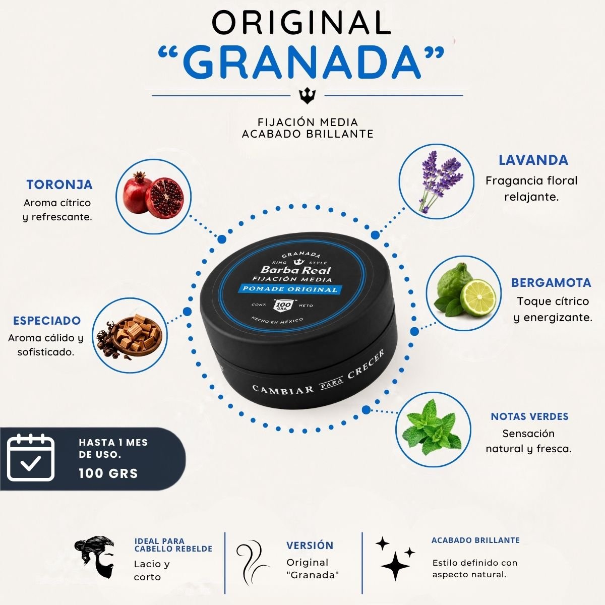 Pomada para estilizar cabello 100 G. Fijación media | Original "Granada" - BarbaReal