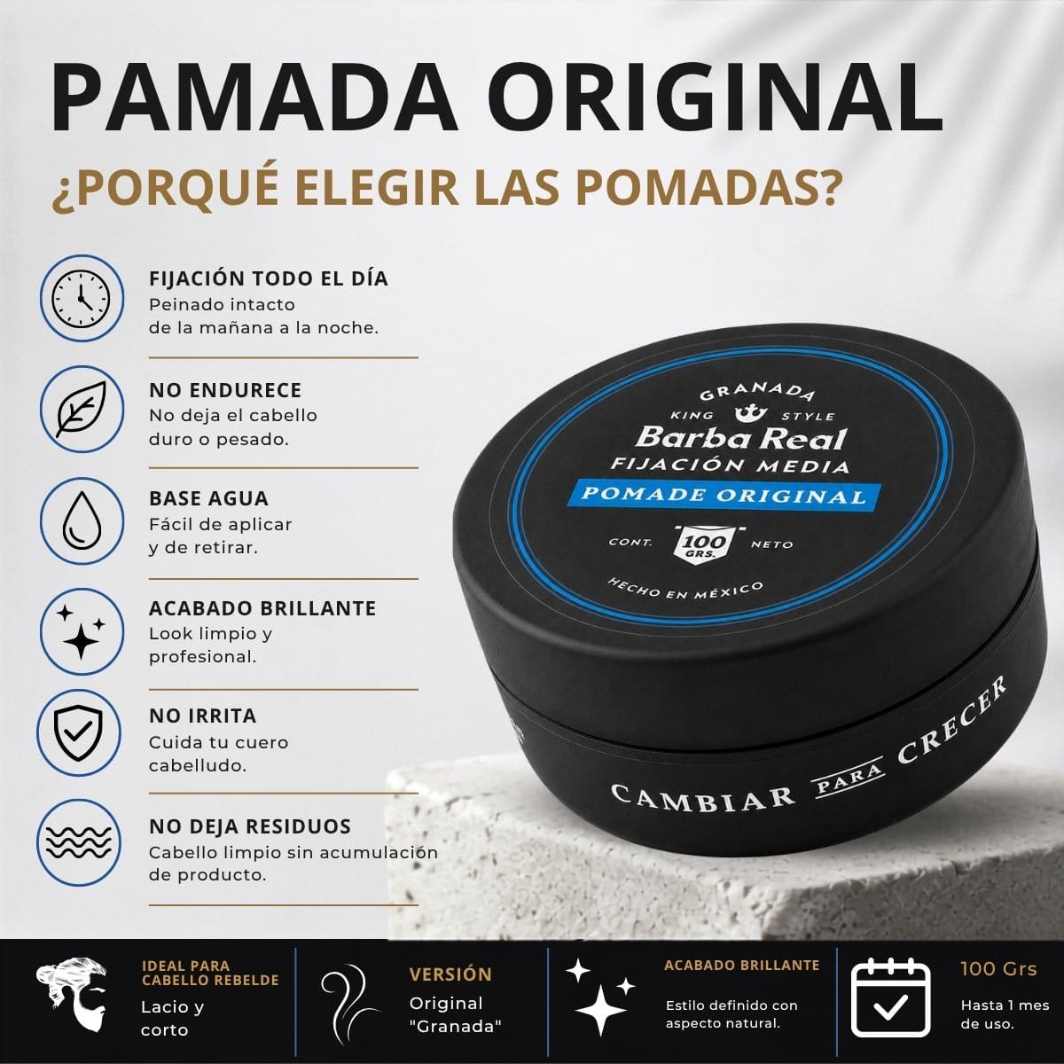 Pomada para estilizar cabello 100 G. Fijación media | Original "Granada" - BarbaReal