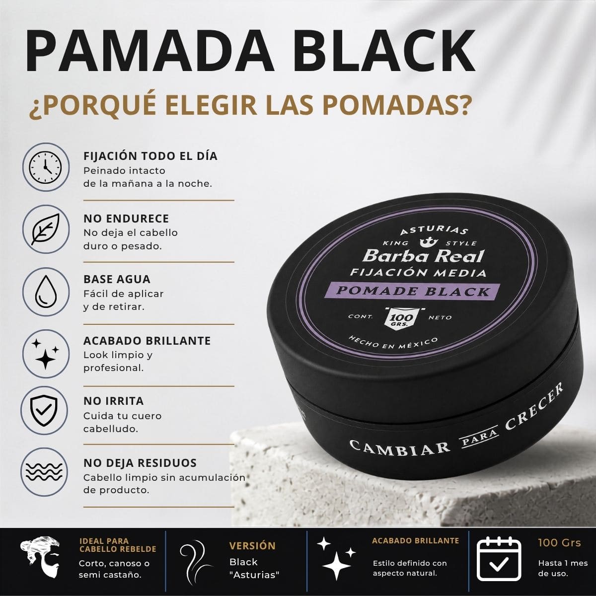 Pomada para estilizar cabello Black 100 G. | fijación media "Asturias" Con pigmento - BarbaReal