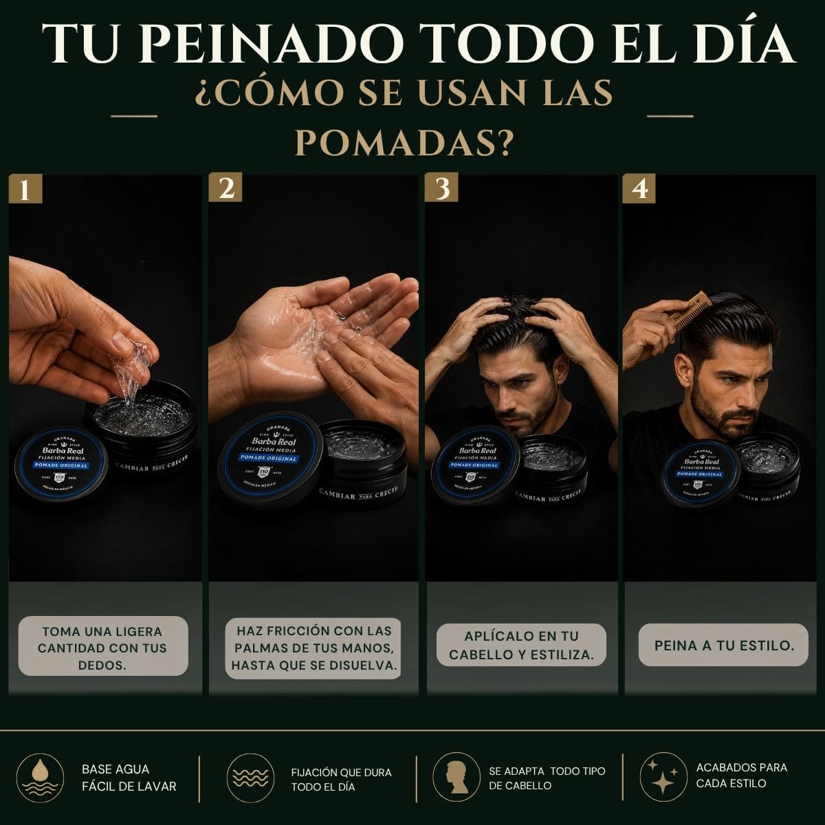 Pomada para estilizar cabello Black 100 G. | fijación media "Asturias" Con pigmento - BarbaReal