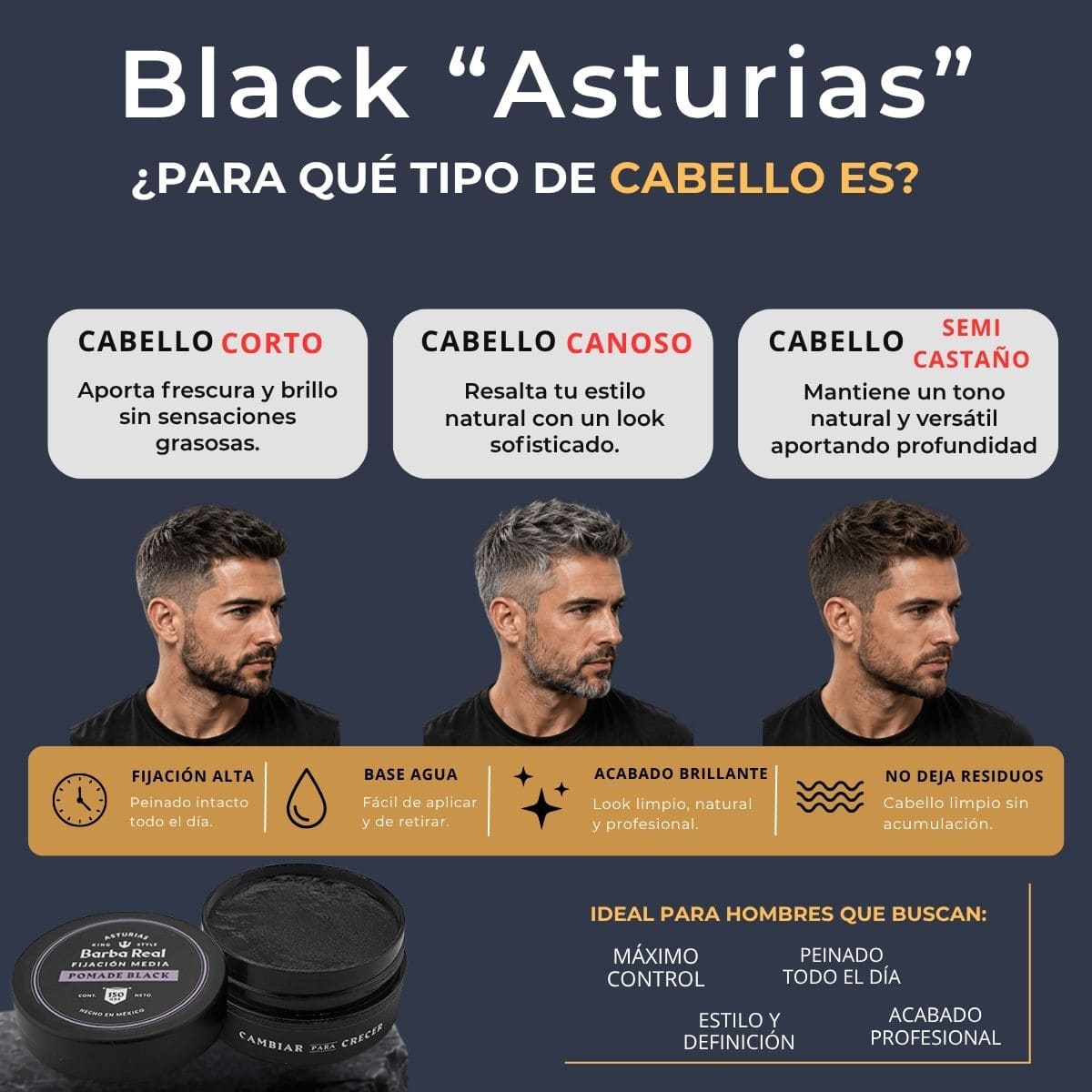 Pomada para estilizar cabello Black 100 G. | fijación media "Asturias" Con pigmento - BarbaReal