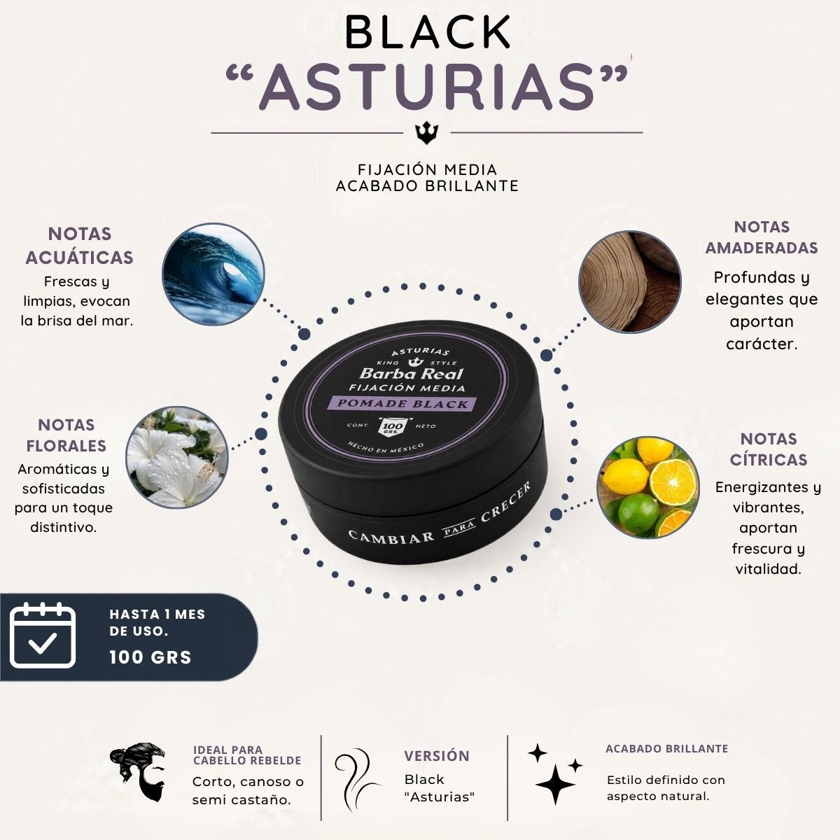 Pomada para estilizar cabello Black 100 G. | fijación media "Asturias" Con pigmento - BarbaReal